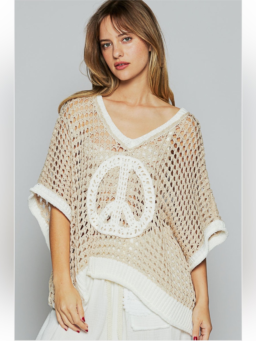 New: POL Open-Knit V-Neck Crochet Peace Sign Oversized Top• Small